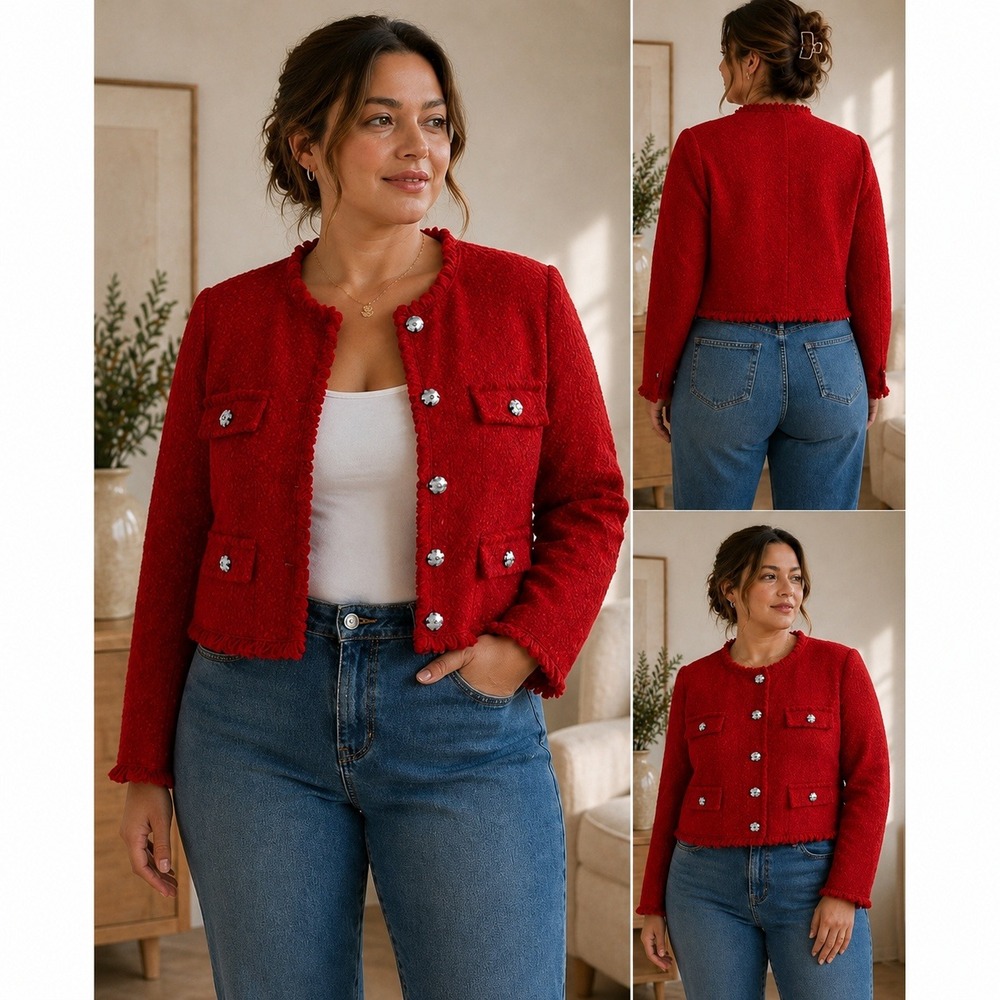 MNG Mango Red Textured Cropped Jacket 2XL Plus Frayed Metal Button